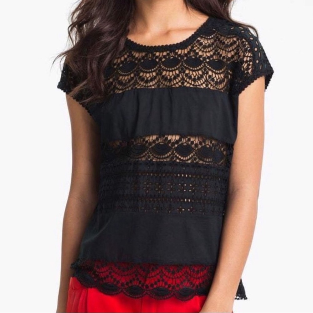 JOIE Embroidered eyelet lace top black small